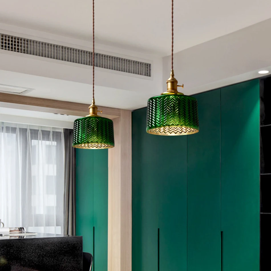 Copper Glass Suspension Led pendant Lamp for Dining room Foyer Bed side Apartment Nordic Green Pendant Light LED Hanging Lamp