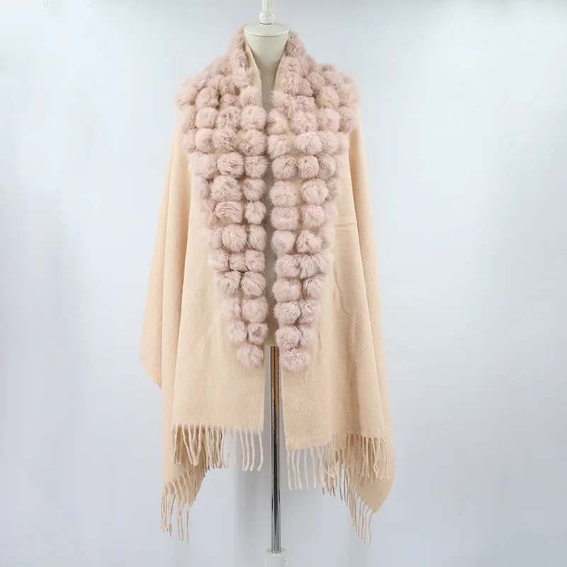 Triângulo Real Rabbit Fur Ball Shawl para mulheres, caxemira, borla, capa, pompom, manto, senhora, inverno, presente, 20 cores