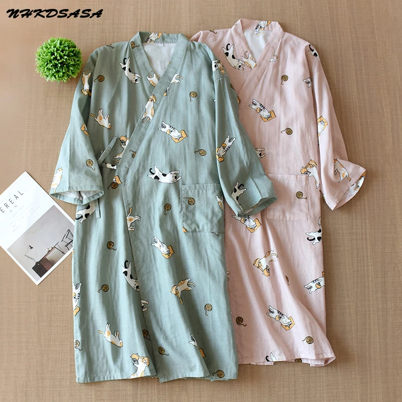 NHKDSASA 2021 New Women's 100% Cotton Gauze Cute Robe Loose SPA Yukata Japanese Kimono Pajamas Robe V-Neck Pajamas Bathrobe