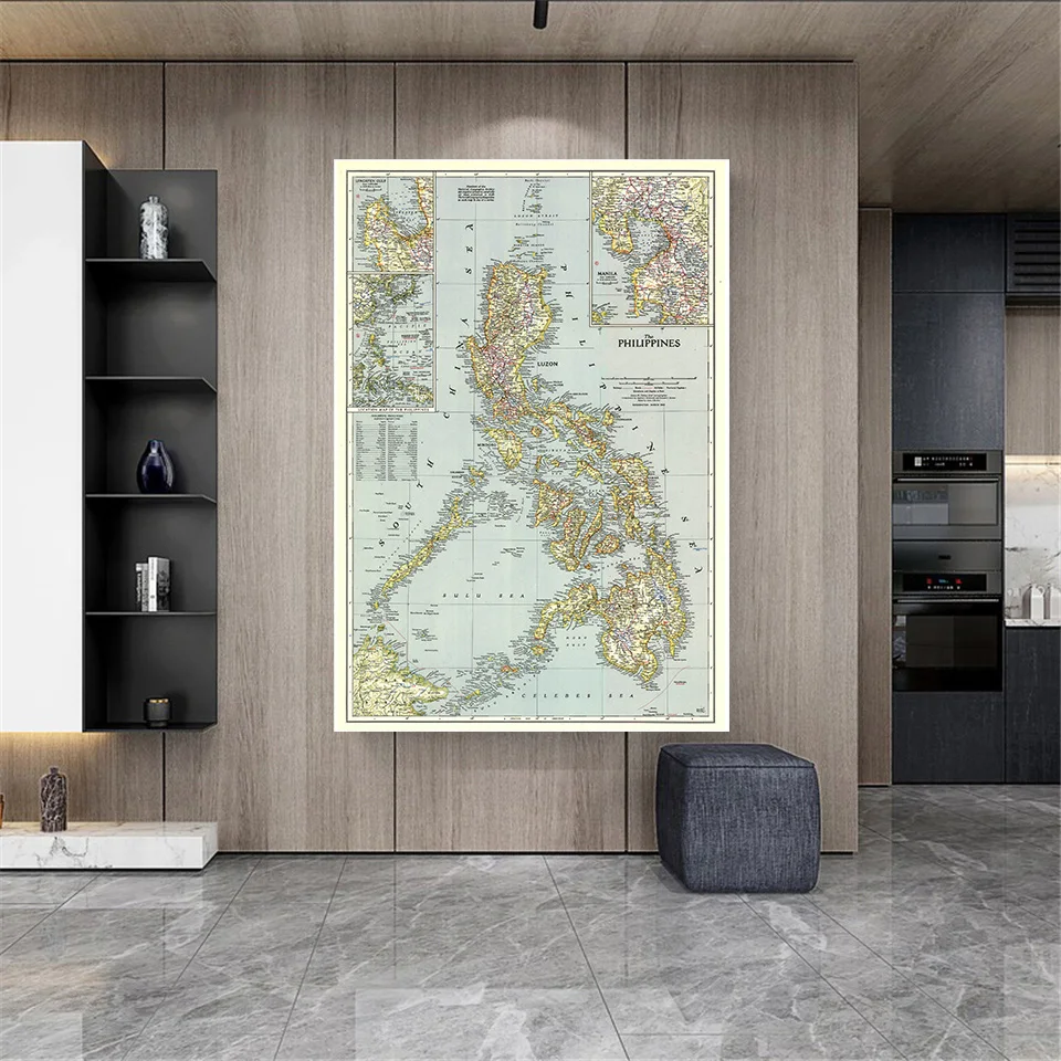 Imagem -03 - Mapa Vintage Filipino 1945 Pôster Artístico Detalhado para Parede Pintura em Tela Não Tecido Material Escolar Decoração para Casa 150*225cm