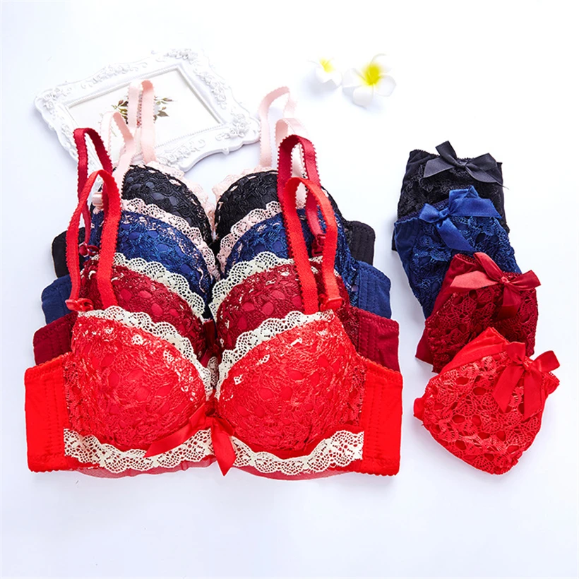 Women Lace Underwear New Push Up Side Support Plunge Bra and Panty Set Lingerie Sets Blue White Plus Size A B Cup Bras Briefs