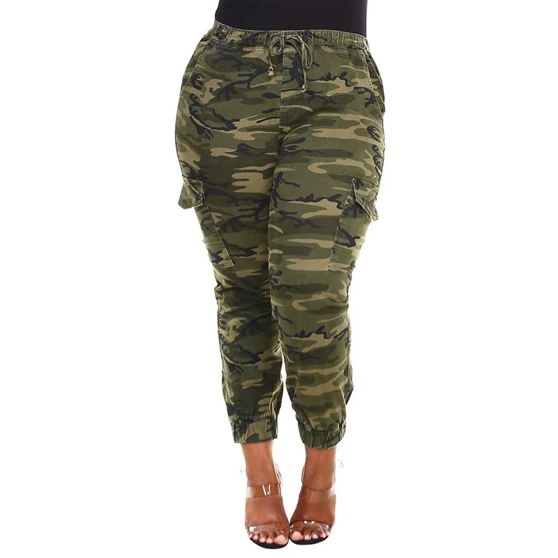 Spodnie damskie Plus Size Camo spodnie z wieloma kieszeniami Casual Military Army Print spodnie z wysokim stanem strój do ćwiczeń