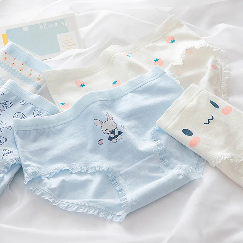 new underwear 5pc/bag new cotton lovely middle waist briefs young girl panties blue Teenagers Intimates students M -XL