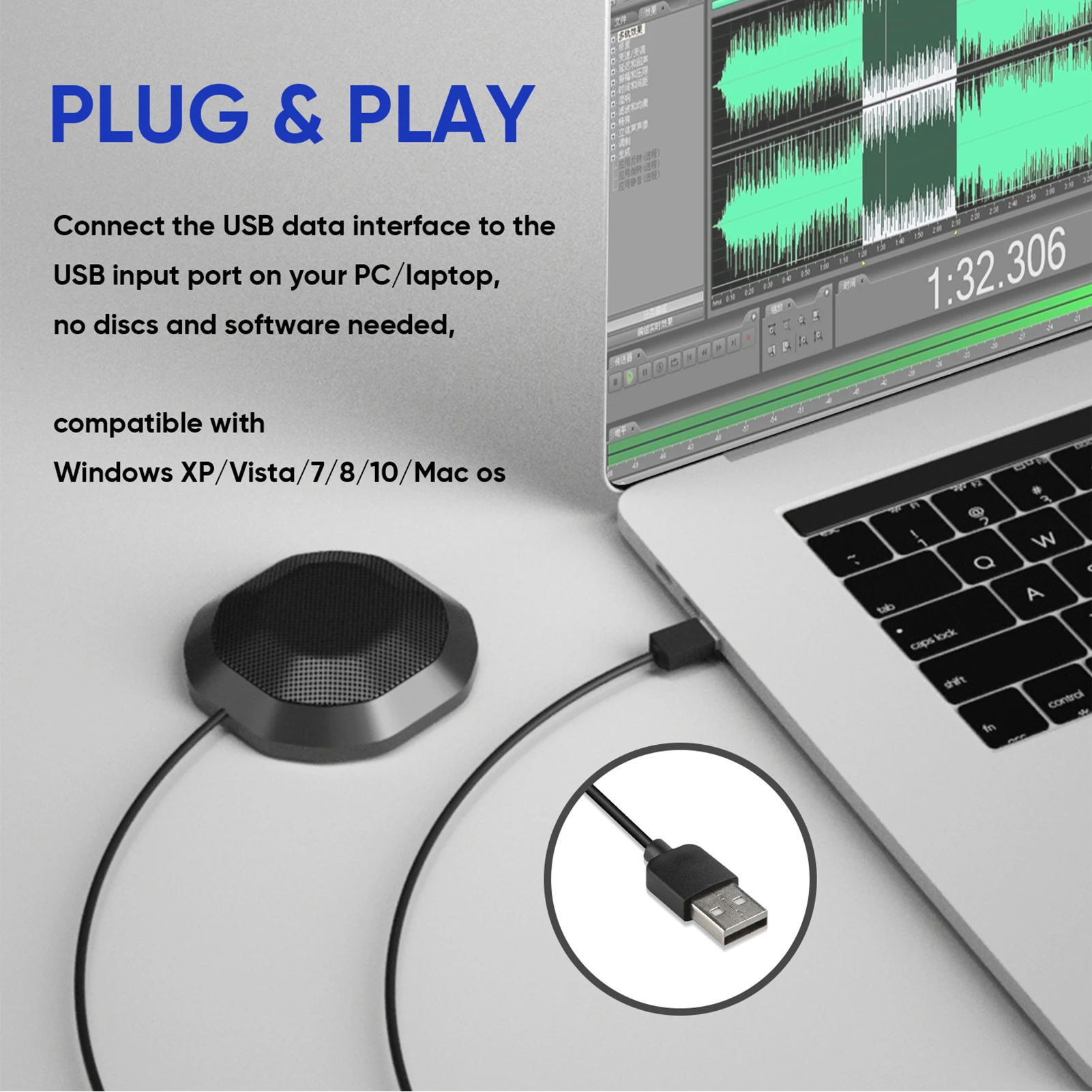 ميكروفون مؤتمرات USB متعدد الاتجاهات 360 ميكروفون حاسوب حاسوب مع خاصية اللمس كتم التوصيل والتشغيل متوافق مع نظام التشغيل Windows MacOS