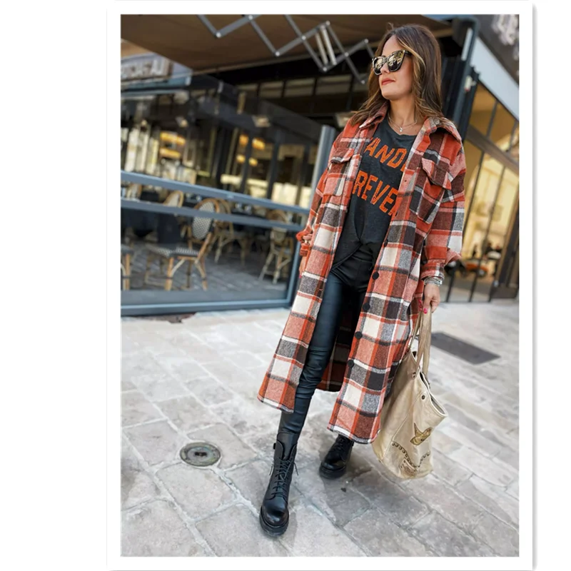 Women\'s Fashion Long Plaid Coat Autumn Shirt Coat Woolen Coat Streetwear Women Clothing Loose Coat Female Casual Jacket