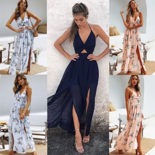 Boho Elegant Floral Halter V Neck Long Summer Dress Women Sexy Bandage Evening Party Dresses Sundress Beach Dress