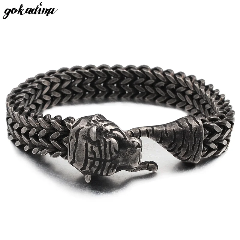 

Punk Gothic Tiger Bracelet Animal Stainless Steel Flat Curb Chain For Men 2020 New Jewelry