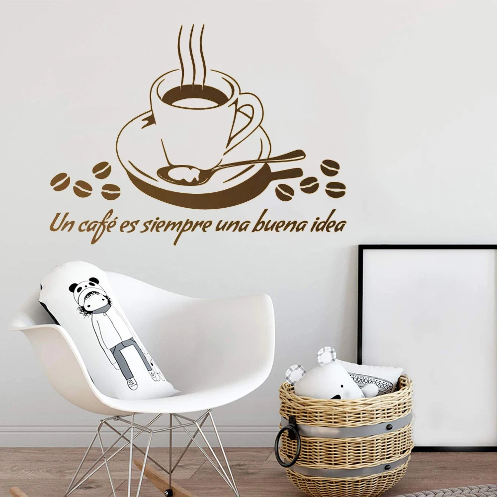 Spanish Quotes Un Cafe Es Siempre Una Buena Idea Wall Decal Vinyl Cut Sticker For Coffee Shop Bar Muraux DIY