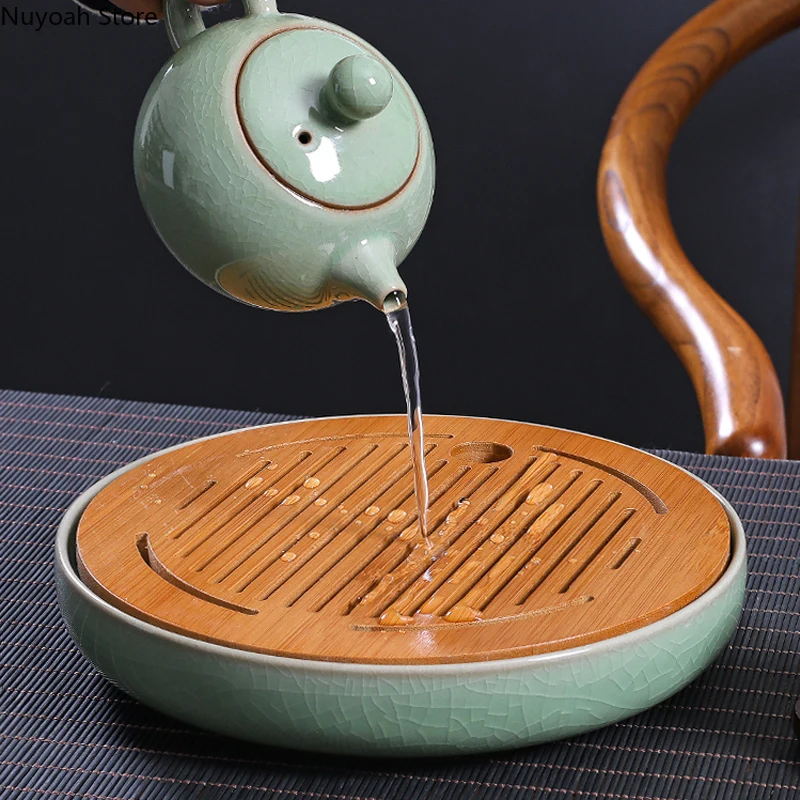 Ceramic Round Tea Tray Household Living Room Bamboo Noodle Saving Water Dry Brewing Table Kung Fu Tea Set Celadon Tea Table Tray