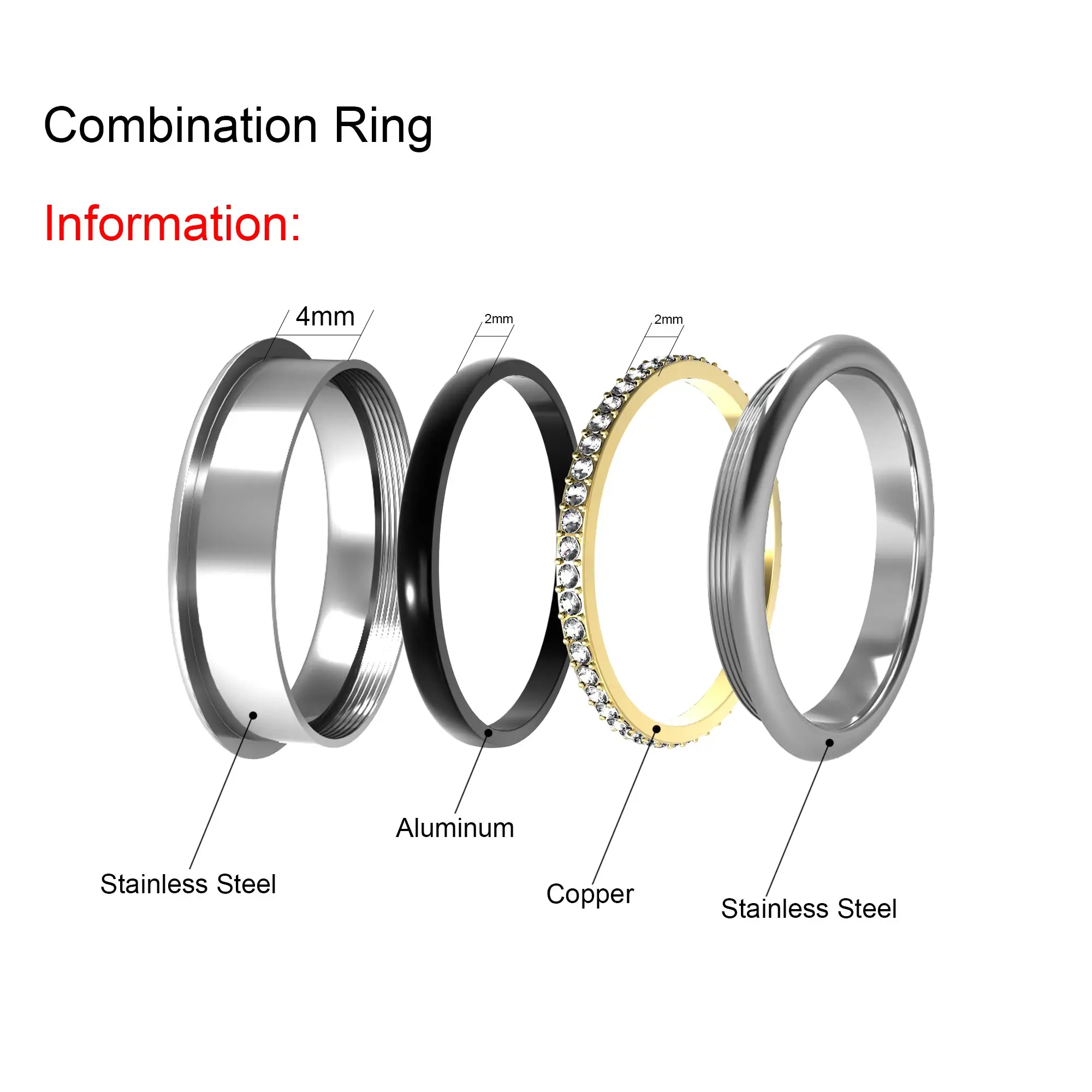 Yoiumit Classic Black and White Stainless Steel Accessories Filling Ring Stackable Interchangeable Material Inner Rings Jewelry