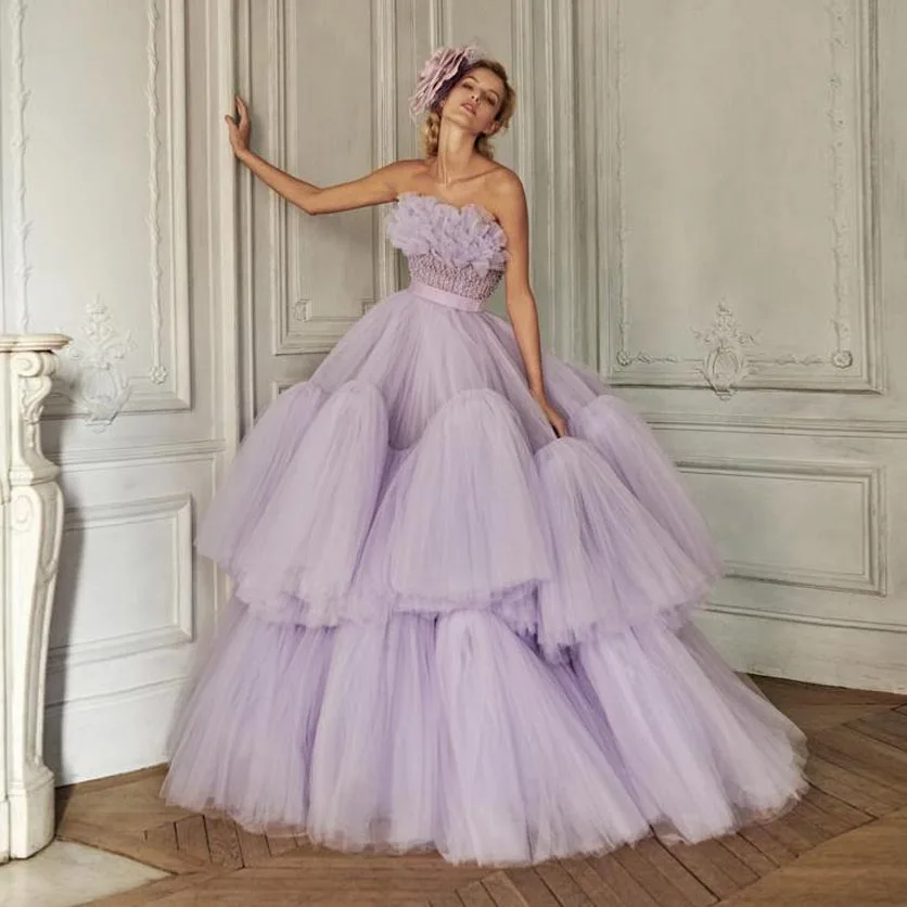 Abito da ballo viola lavanda abito con volant in rilievo abito in Tulle abbagliante per le donne abiti da ballo soffici abito da sposa morbido per la sposa