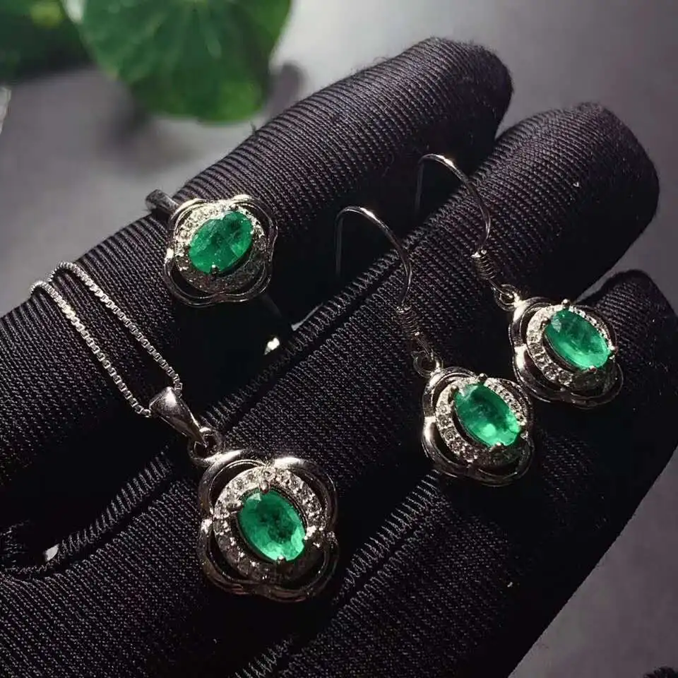 

Real Natural Emerald jewelry set Natural Real Emerald 925 sterling silver 1pc pendant,1pc ring,2pcs Earring