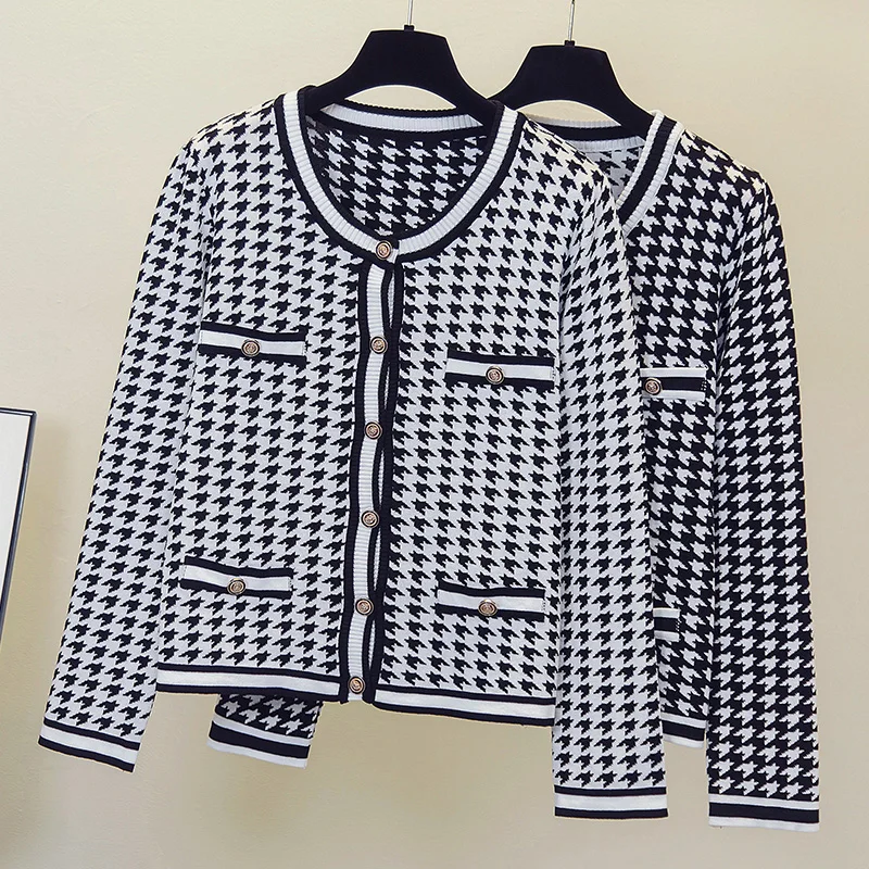 2021 Sweater cardigans jacket ladies new women sweater white black khaki vintage plaid coat O-neck cardigan jacket coat outwear