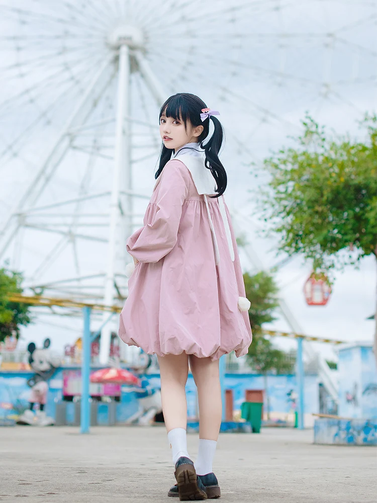 

Lolita Rabbit Ear Kawaii Style Coat Lovely Spring Long Sleeve Lolitas Long Overcoat Loose Fashion Anime Cosplay Pink Blue Coats