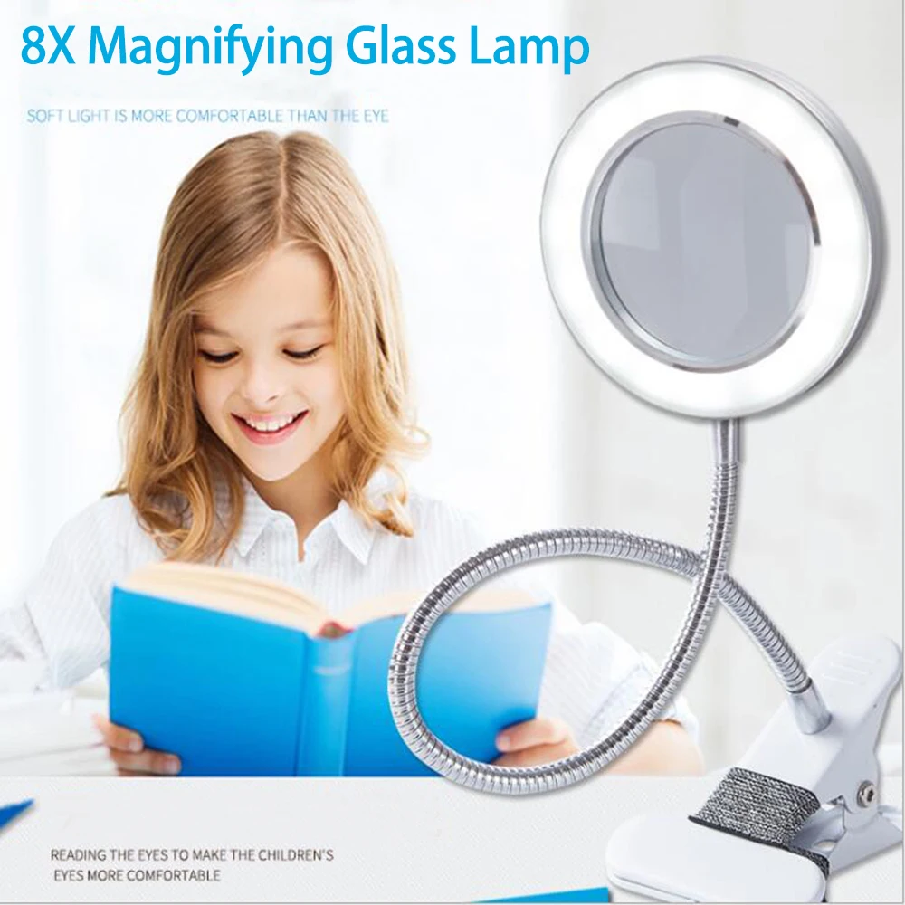 8X Illuminated Magnifier Flexible Rotation Desktop Magnifying Glass for Soldering Iron Repair/Table Lamp/Skincare Beauty Tool