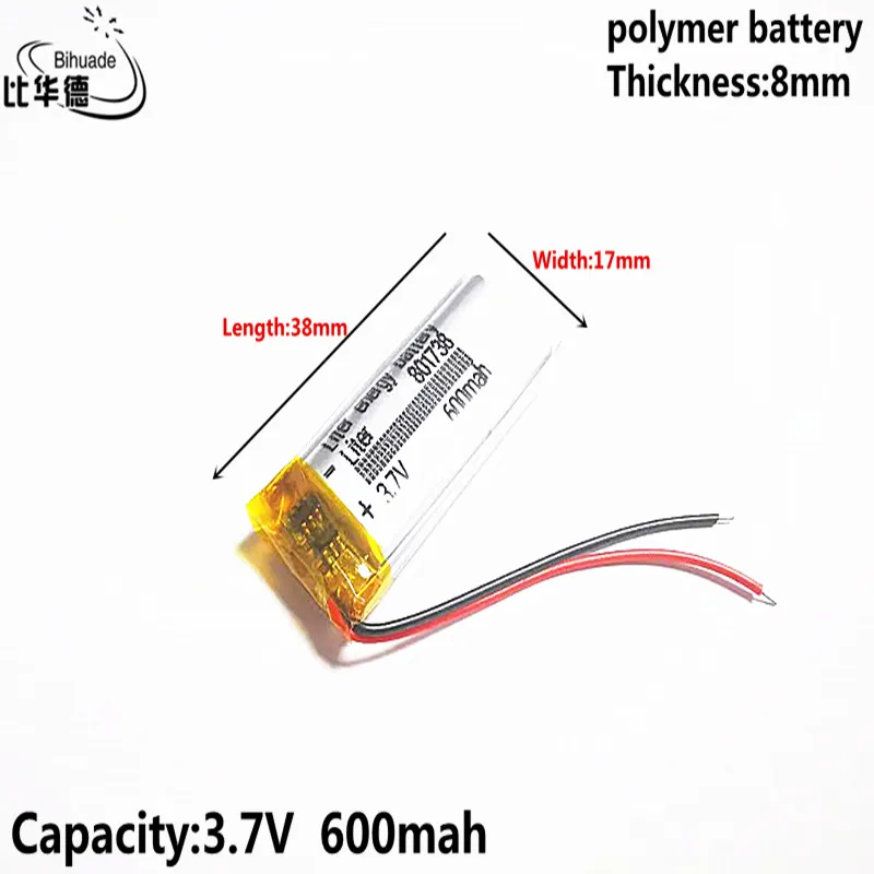 3.7v 600mah 801738リチウムポリマー電池,mp3ヘッドフォンパッド用充電式バッテリー,DVD Bluetoothカメラ