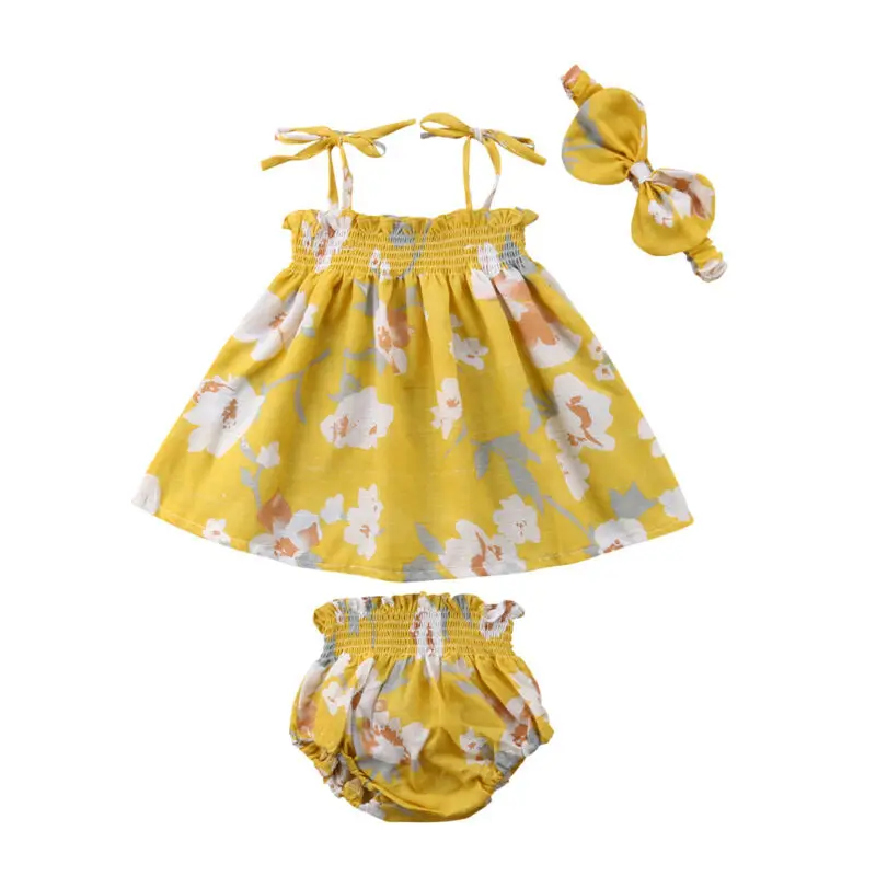 0-2T Baby Girl Floral Tops Newborn Yellow Floral Dress+Shorts Pants Girls Sleeveless Clothes 3PCS Set  Summer Outfits