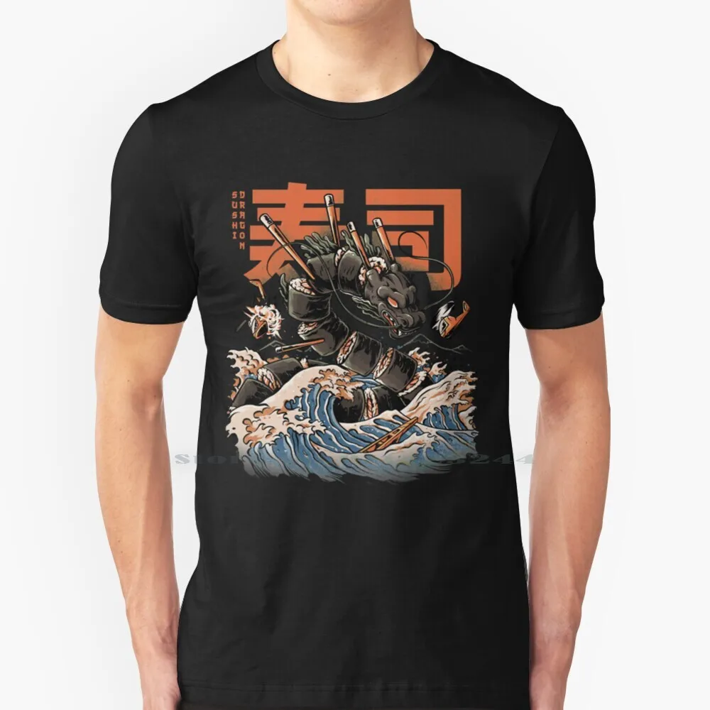 The Black Sushi Dragon 100% Cotton T Shirt Great Wave Off Kanagawa Kaiju Japanese Food Japanese Art Kanji Dragon Ramen Lamen