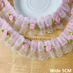 5CM Wide Tulle Mesh Pink Organza 3d Pleated Lace Flowers Fabirc Embroidered Ribbon Collar Trim Princess Skirts Applique Decor