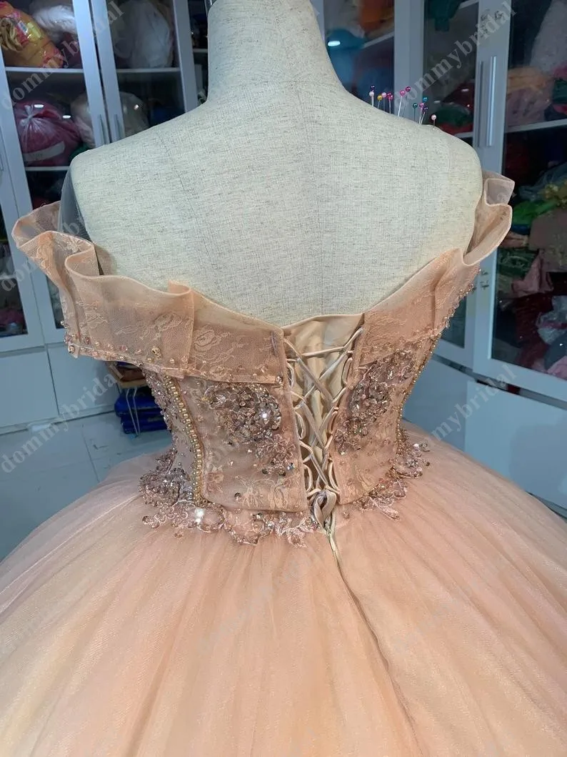 โรแมนติก Vestido De Anos 15 16สาวบอลชุด Cinderella Off ไหล่ Quinceanrea ชุดราตรีลูกไม้คริสตัลพีช Coral ยาว