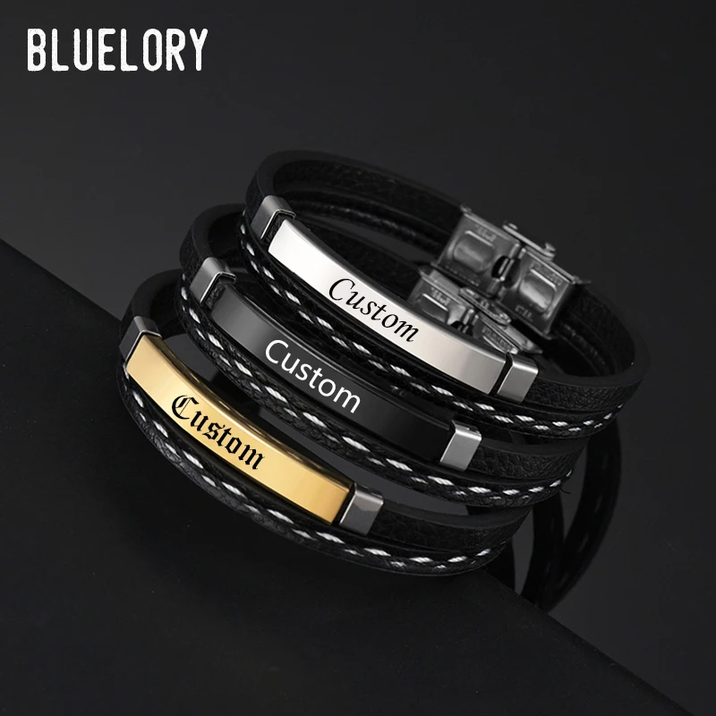 Bluelory Punk Custom Name Stainless Steel Men Bracelets 3 Layers Leather Bracelets Cool Jewelry For Boyfriend Dad Husband Gift