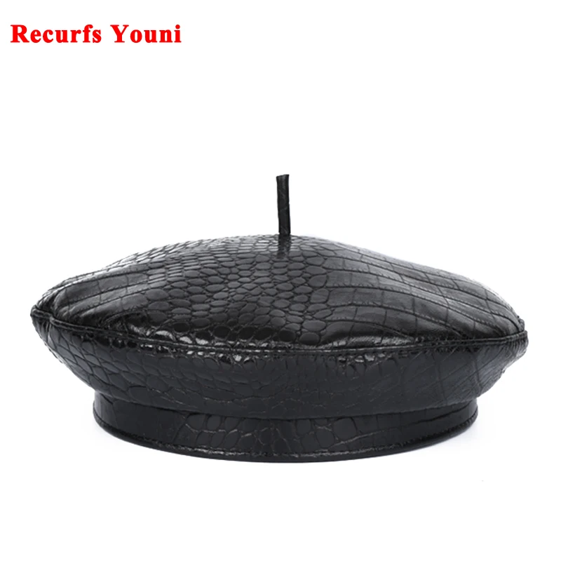 LUXURY Europe/America Private Custom Hat Female Crocodile Leather Beret Cap Women Hot Style Retro Genuine Sheepskin Chic Beanie