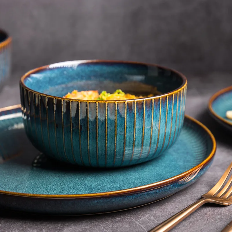 KINGLANG Nordic Blue Tableware Set Kiln Glazed Ceramic Rice Salad Round Dish Dinner Plate Dinnerware Set