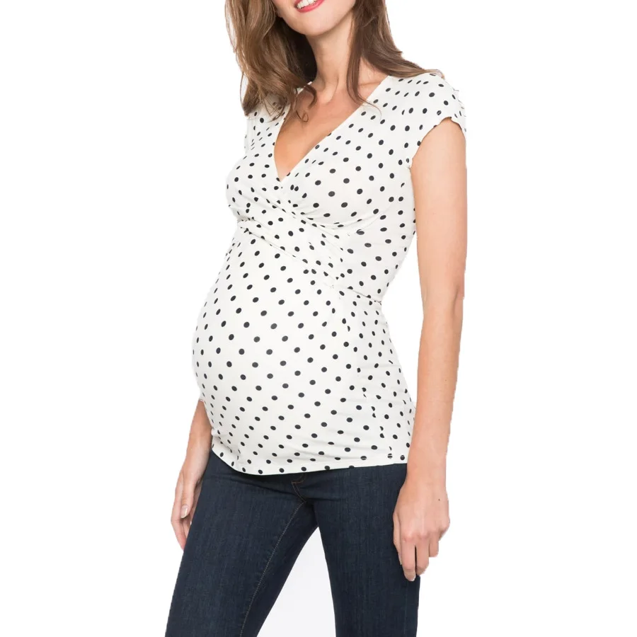 Cross V-neck pregnant women's wear dot printed short sleeve breast-feeding top