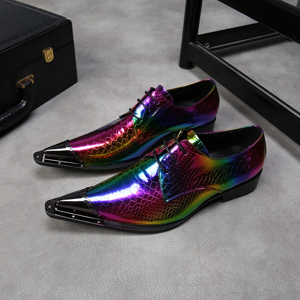 

Snake skin Print Genuine Leather SlipOn Metal Tip Men Dress Shoes Rainbow Color Evening Party Wedding Flats For Men Plus Size 47