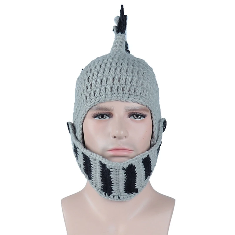 Men Women Funny Chunky Knitted Roman Knight Helmet Hat Contrast Color Tassel Barbarian Crochet Earflap Beanie Skull Cap with Fac