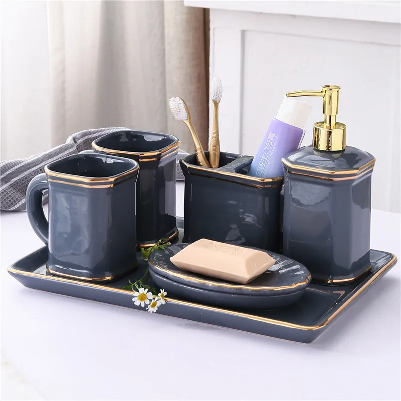 Ceramic Bathroom Toiletries Accessories Soap Dispenser/Dish Toothbrush Holder & Gargle Cups Tray 4/5/6 Piece Set Wedding Gifts