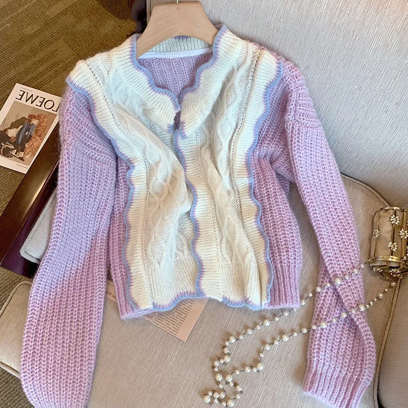 Purple Sweater 2021 Autumn Style New Fight Color Gentle Sweet Languid  Breeze Minority Knitting Cardigan