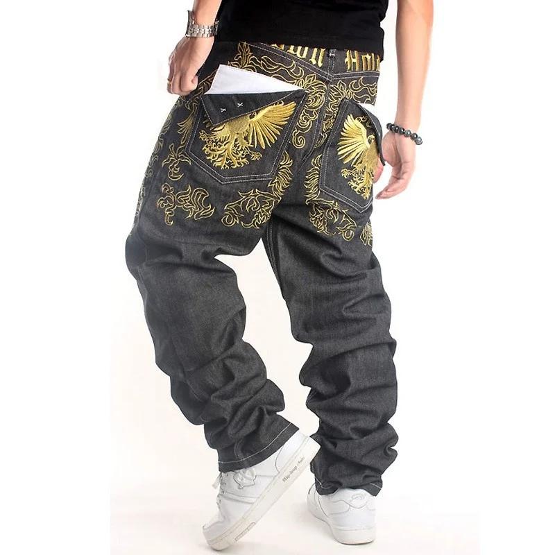 Fashion Harajuka Embroidery Full Length Straight Loose Men Denim Pants Hip Hop Style Street Dance Wear Cowboy Trousers Plus Size