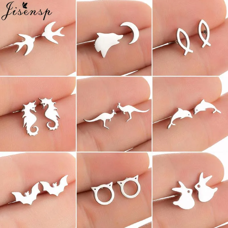 Multiple Golden Stainless Steel Animal Stud Earrings for Women Cute Dolphin Cat Fish Seahorse Wolf Bat Earings Girls Party Gifts