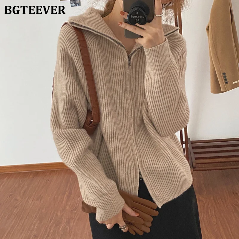 

Свитер женский вязаный с отложным воротником, на молнии, с длинным рукавом