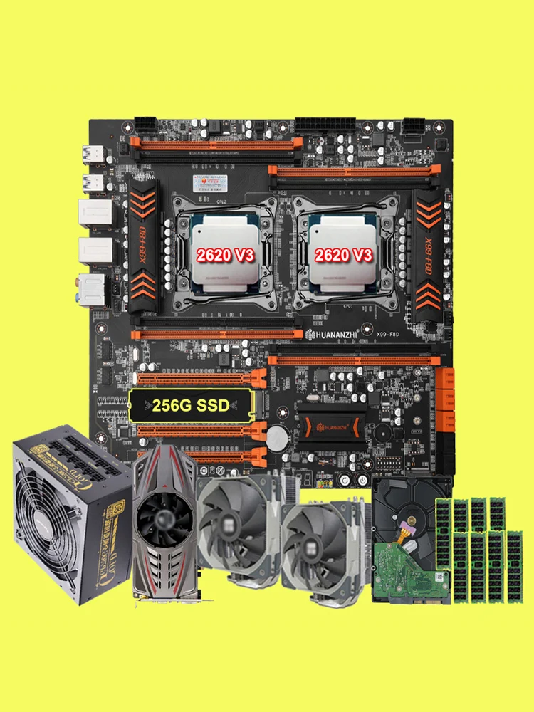 

HUANANZHI X99 Dual CPU Motherboard 256G M.2 SSD 2*2620 V3 CPU Coolers 64G RAM GTX750TI Video Card 80Plus Gold 650W PSU 1TB HDD