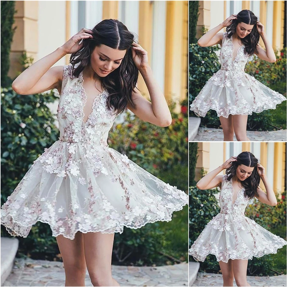 Sem mangas vestido de festa de formatura com decote em v vestido de baile de formatura vestido formal acima do joelho mini tule 3d apliques florais personalizados