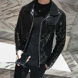 Shiny Leather Jacket Men's Stage Costume Red Black Brown Nightclub Club Men's Leather Jacket Solid Color Slim Men's Jacket Coats