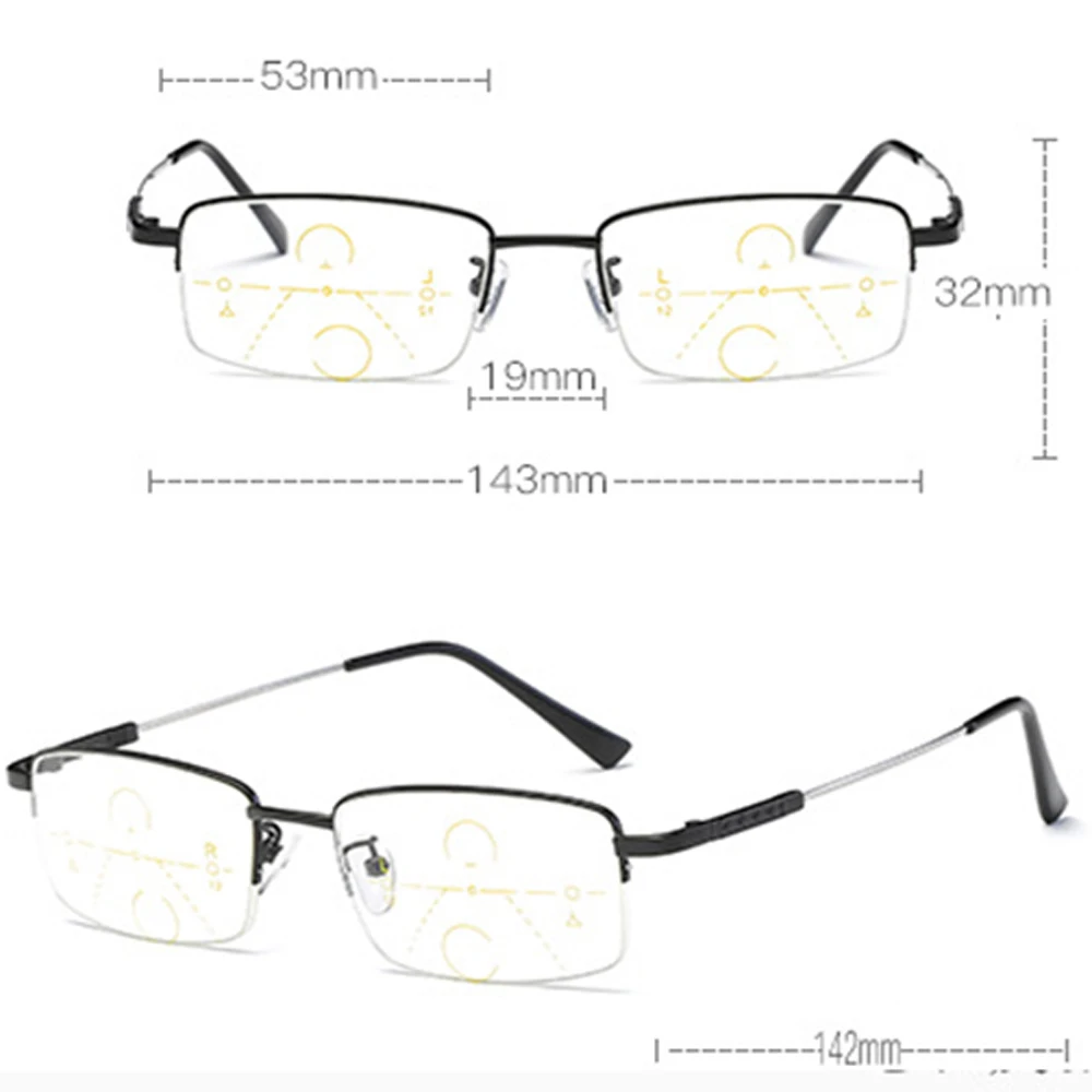 Half-rim Memory Temple Frame See Near and Far Progressive Multifocus Reading Glasses Add 75 100 125 150 175 200 To 400