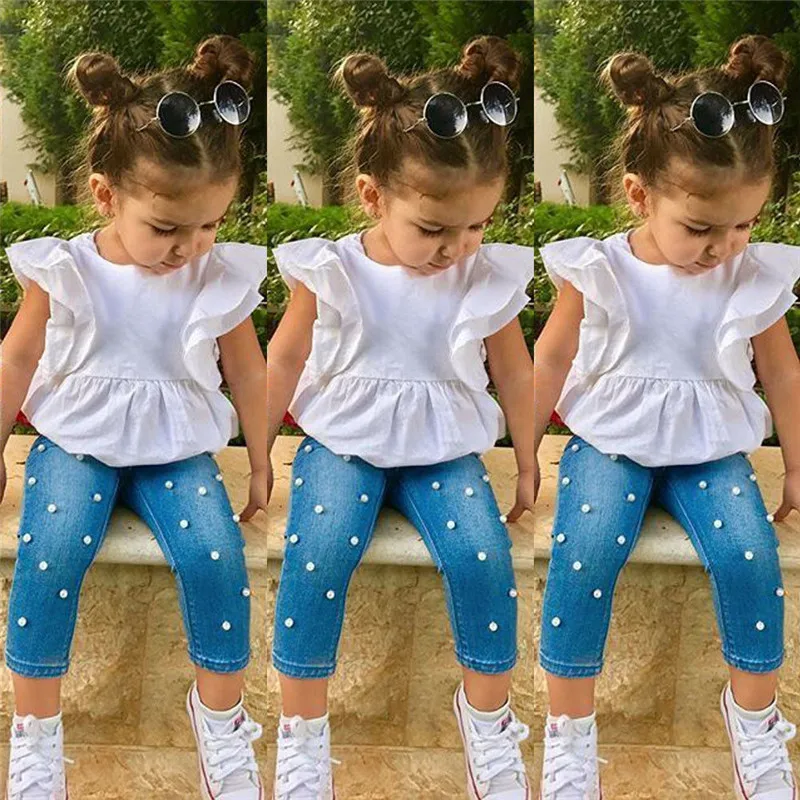 Fashion Kids Girl Clothes Sets Ruffle Sleeveless Top Dress Pearl Denim Pants Jeans Casual Summer Clothing Outfits