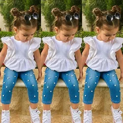 Fashion Kids Girl Clothes Sets Ruffle Sleeveless Top Dress Pearl Denim Pants Jeans Casual Summer Clothing Outfits