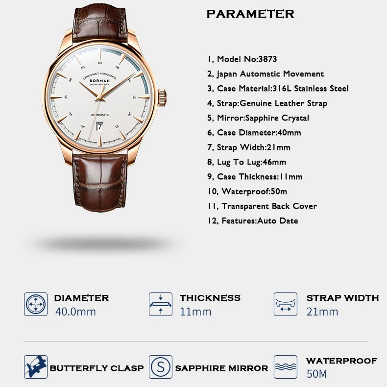 BORMAN Men Automatic Watch 40mm Mechanical Wristwatch Ultrathin 50m Waterproof Sapphire Crystal Auto Date