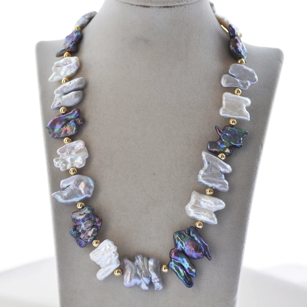 

MCT·STAR Z10480 21" 37mm Black White Gray Double Baroque Keshi Pearl Bead Necklace