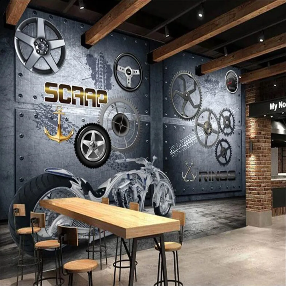 Milofi custom 3D mural European and American industrial machinery motorcycle gear bar restaurant wallpaper background wall