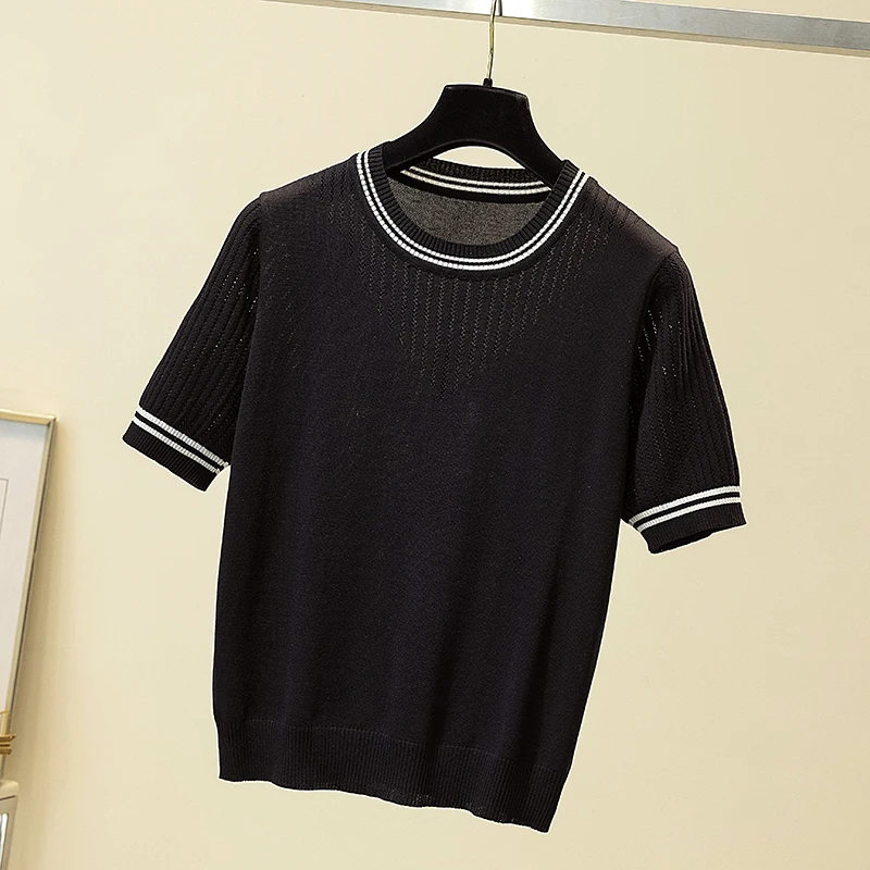 2021 Summer New Fashion Korean O neck Hollow top Slim Pullover  Knitted T shirt Women Short Sleeved Thin Women T-shirt Tee Shirt