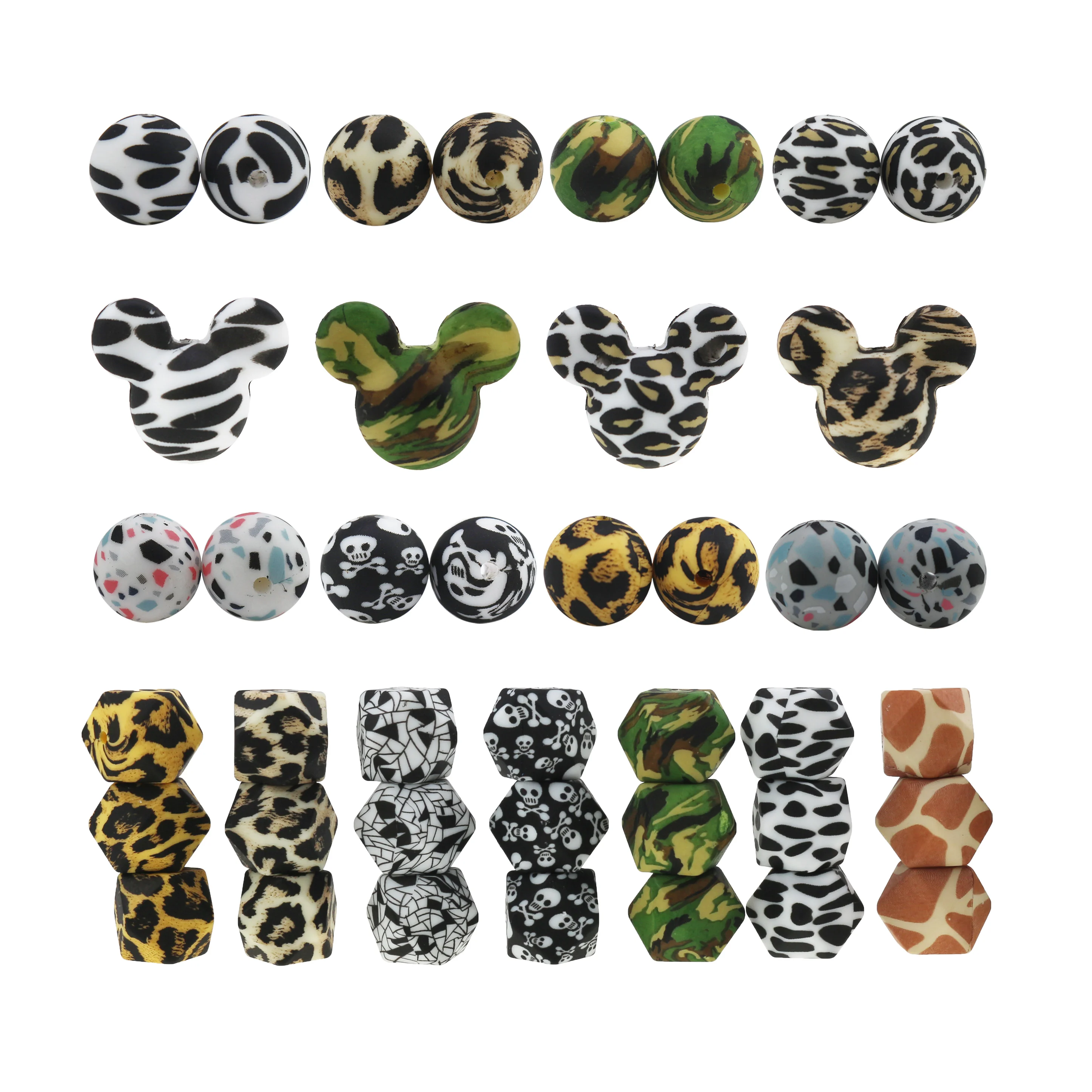 10pcs/LOT 13mm/15mm/17MM  Round Hexagon Mickey Baby Teether Leopard Print Teething Silicone Beads for Jewelry Making