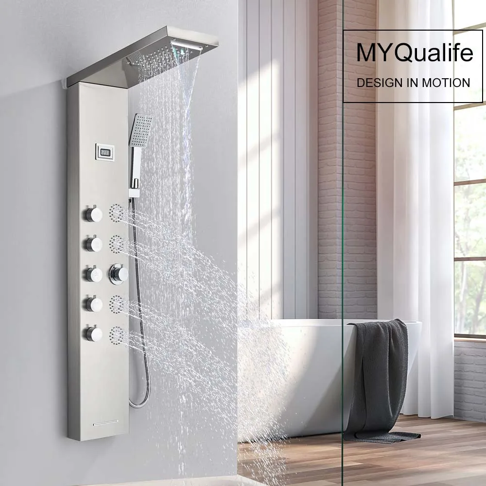 MYQualife Shower Panel Waterfall Rain Shower Faucet Set SPA Massage Jet Bath Shower Column Temperature Display Mixer Tap Tower