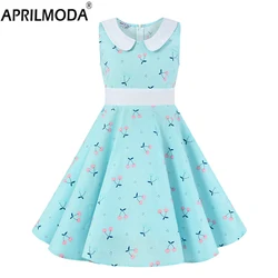 2024 Rockabilly Vintage Dress for Children Kids Pink Blue Swing Cotton Retro Cherry Floral Print Summer Dress for Girl Cute