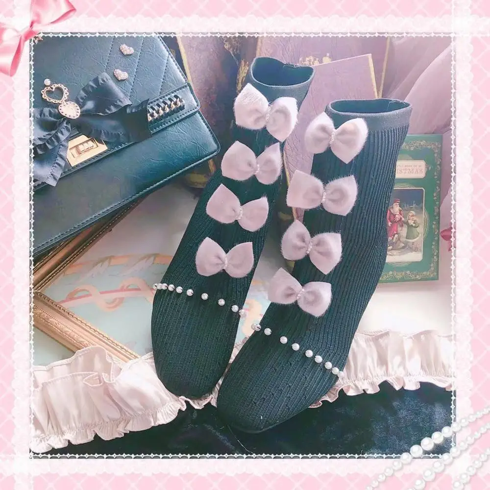 Botas elegantes con lazo para mujer, zapatos femeninos, con tacón puntiagudo y lazo, de princesa Kawaii, zapatos cortos de plataforma cos Lolita loli