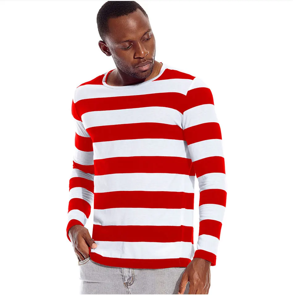 T Shirts Stripes Long Sleeve Tees for Men Round Neck Men Striped Leisure Casual Red White Cos Cosplay Halloween Costume Party